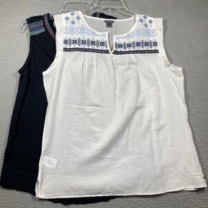Eddie Bauer Tops Women's Large White Blue Sleeveless Embroidered Boho Casual‎